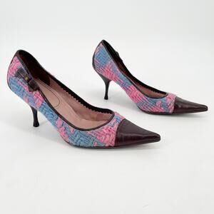 Vintage Miu Miu Pink Blue Woven Brown Leather Bow Detail Pointed Toe Heels IT 38